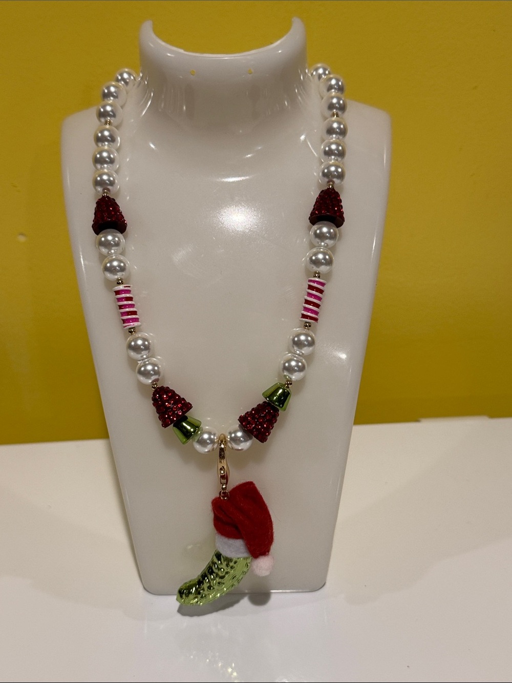 Betsey Johnson Red, Green & Pearl Holiday Charm Necklace